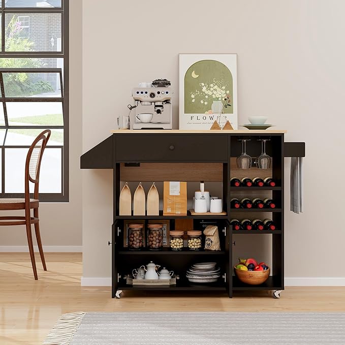 Giantex Rolling Kitchen Island Cart with Drop Leaf, Power Outlet, Spice Rack, 12 Wine Rack, Glass Holder, Drawer, Storage Cabinet, Towel Rack, Island Table for Breakfast Coffee Bar (Black & Natural)