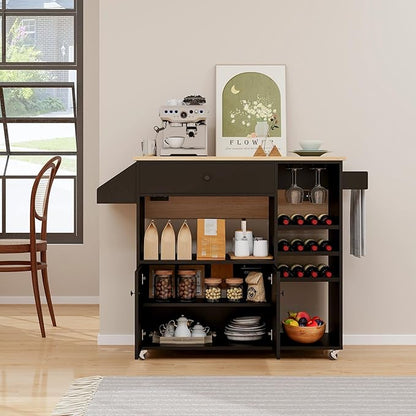 Giantex Rolling Kitchen Island Cart with Drop Leaf, Power Outlet, Spice Rack, 12 Wine Rack, Glass Holder, Drawer, Storage Cabinet, Towel Rack, Island Table for Breakfast Coffee Bar (Black & Natural)