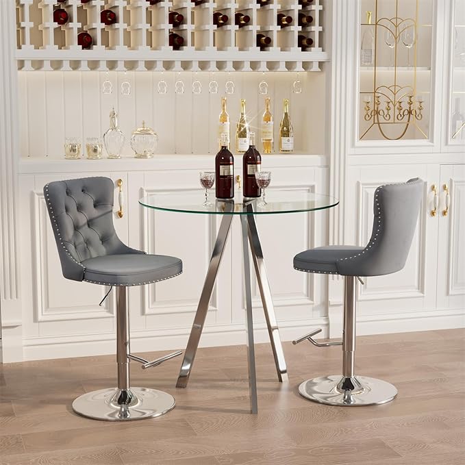 yeag 31.5'' Glass Round Bar Table Set with Stools, Modern High Top Pub Bistro Table & 2 Adjustable Metal Bar Stool Velvet Swivel Bars Chairs (Silver Metal Legs, Clear Top + Grey Chair)