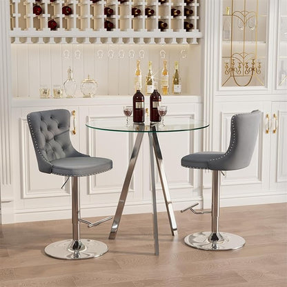 yeag 31.5'' Glass Round Bar Table Set with Stools, Modern High Top Pub Bistro Table & 2 Adjustable Metal Bar Stool Velvet Swivel Bars Chairs (Silver Metal Legs, Clear Top + Grey Chair)