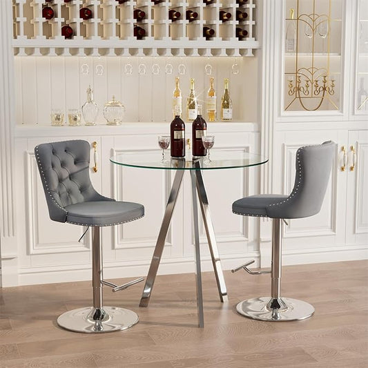 yeag 31.5'' Glass Round Bar Table Set with Stools, Modern High Top Pub Bistro Table & 2 Adjustable Metal Bar Stool Velvet Swivel Bars Chairs (Silver Metal Legs, Clear Top + Grey Chair)