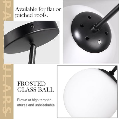 Bagood 8" Globe Pendant Light Black Mid Century Modern Light Fixture Milk Glass Pendant Light Globe Pendant Lights Kitchen Island Matte Black Finished with Milk Glass Lampshade for Dining Room