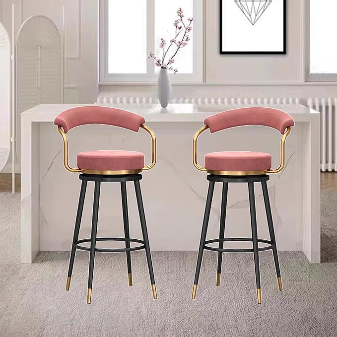 Swivel stools 1PC, Velvet Upholstered Stools with Hollow Back, Metal Chair Legs & Footrest for Kitchen Island Dining Room Pub Home, Seat Height 65cm, Black (Pink Seat Height 65cm)