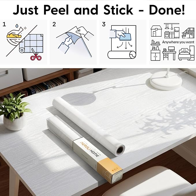 White Wood Grain Contact Paper, 17.3" x 118" Peel and Stick Wallpaper, Self-Adhesive Thick Textured Vinyl Wrap for Kitchen Cabinets, Countertop, Furniture, Waterproof DIY Decor