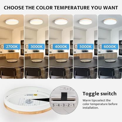 WOKNOS Dimmable Wood Oak Ceiling Light Fixture Modern White LED Flush Mount Ceiling Light 5CCT Minimalist Circle Close to Lighting Fixture for Bedroom Kitchen Bathroom Laundry Room 15.74 Inch