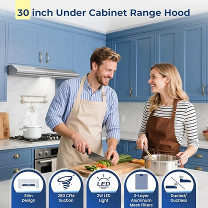Under Cabinet Range Hood 30 inch, Stainless Steel Kitchen Hood with 280 CFM, Button Controls, Stove hood with Carbon Filter, Ducted/Ductless Convertible, 2 Pcs Aluminum Filters