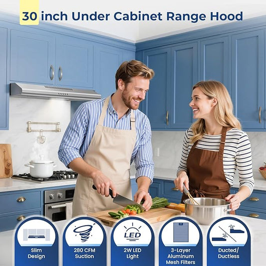 Under Cabinet Range Hood 30 inch, Stainless Steel Kitchen Hood with 280 CFM, Button Controls, Stove hood with Carbon Filter, Ducted/Ductless Convertible, 2 Pcs Aluminum Filters