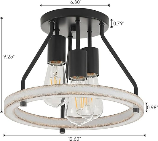 Rustic Flush Mount Ceiling Light Fixture with Oak White Wood Circle Shade Farmhouse Mini Semi Ceiling Lamps for Hallway Entryway Kitchen Closet 3-Light