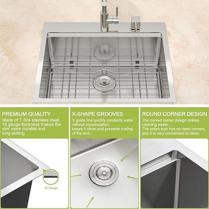 25x22 Drop In Kitchen Sink Workstation 25 Inch Stainless Steel Sink Topmount 16 Gauge Single Bowl Sink 10" Deep Countertop Basin with Accessories