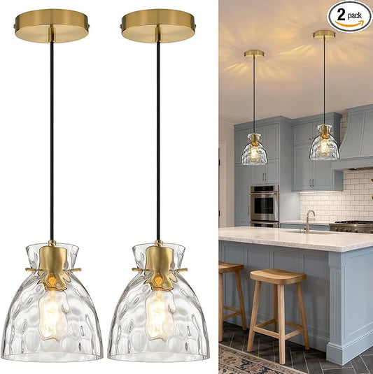 Black Gold Pendant Lights Kitchen Island 2 Pack, 5.9" Small Mini Brushed Brass Hammered Glass Pendant Light Fixtures, Modern Hanging Lights Kitchen Pendant Lighting over Sink Bathroom Dining Room
