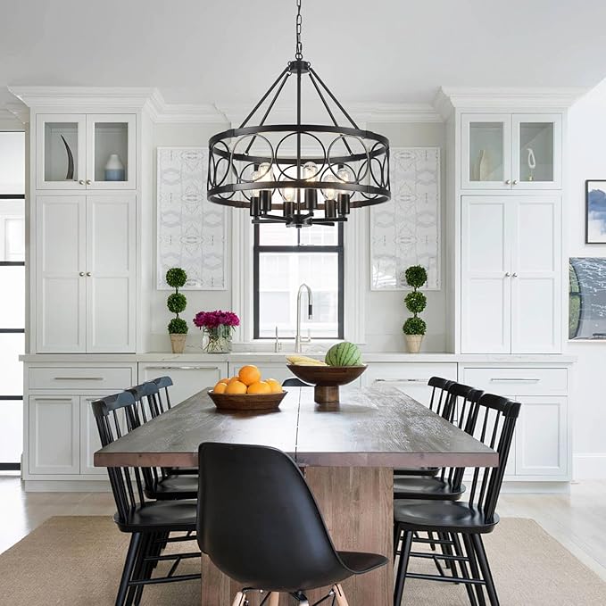 Black Farmhouse Chandelier, 6-Light Rustic Chandeliers for Dining Room Light Fixture, Drum Chandelier Round Pendant Light, Hanging Kitchen Island Lighting for Living Room, Entryway, Foyer