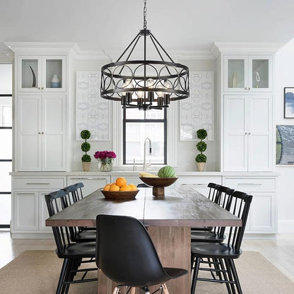 Black Farmhouse Chandelier, 6-Light Rustic Chandeliers for Dining Room Light Fixture, Drum Chandelier Round Pendant Light, Hanging Kitchen Island Lighting for Living Room, Entryway, Foyer