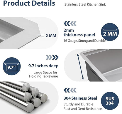 Lordear 36 Inch Undermount Kitchen Sink Stainless Steel 16 Gauge Workstation Single Bowl Handmade Kitchen Sinks Basin Under Counter, 36X19X10 Inch