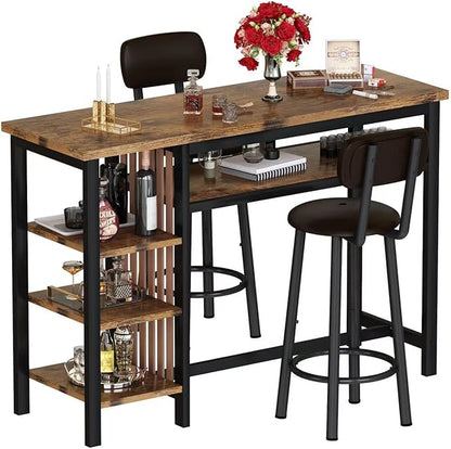 Recaceik 47" Bar Dining Table Set for 2, 3 Piece Bar Table and Chairs Set, Kitchen Counter Height Dining Table Set, Small Kitchen Bar Table with Storage & 2 Stools, Breakfast Nook Set for Small Space