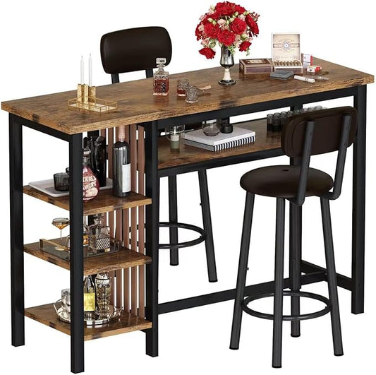 Recaceik 47" Bar Dining Table Set for 2, 3 Piece Bar Table and Chairs Set, Kitchen Counter Height Dining Table Set, Small Kitchen Bar Table with Storage & 2 Stools, Breakfast Nook Set for Small Space