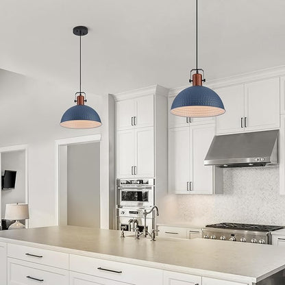 12 Inch Blue Pendant Lights Hammered Matte Pendant Lights for Kitchen Island Industrial Farmhouse Adjustable Height Dome Hanging Light Fixtures for Barn, Dining Room 1 Pack