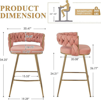 VECELO Bar Stools Set of 2, Counter Height Bar Stools, 26 inch Seat Barstools with Woven Back and Footrest for Kitchen Island Counter, Pink