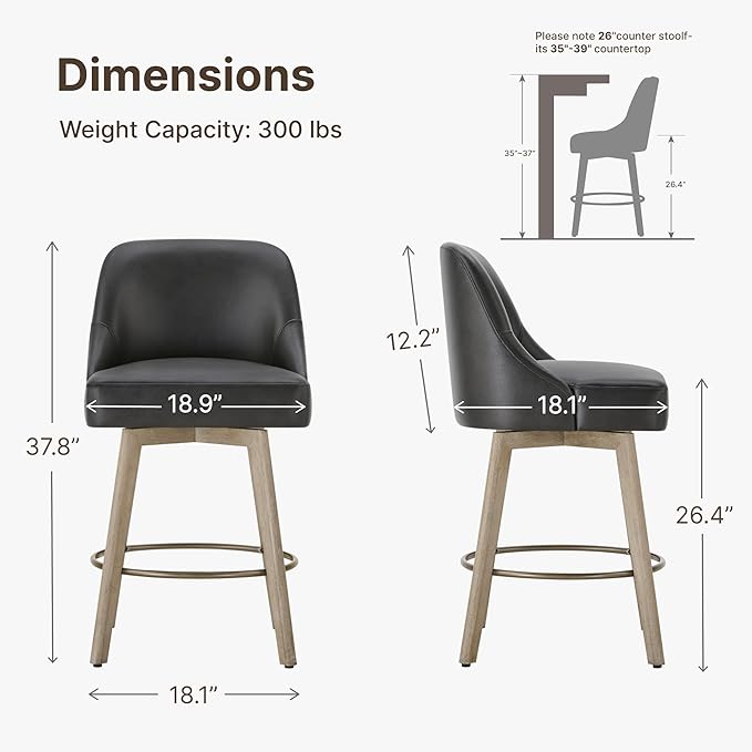 Counter Height Bar Stools Set of 2, Modern Swivel Barstools with Back and Wood Legs, Faux Leather Upholstered Bar Chairs, 26" Seat Height Counter Stools for Kitchen Island,Black