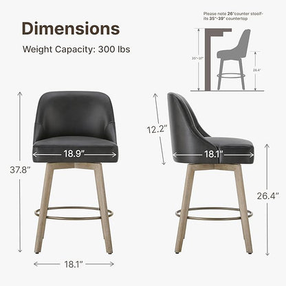Counter Height Bar Stools Set of 4, Modern Swivel Barstools with Back and Wood Legs, Faux Leather Upholstered Bar Chairs, 26" Seat Height Counter Stools for Kitchen Island,Black