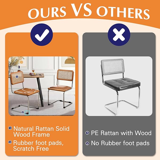 Alunaune Mid Century Modern Dining Chairs Set of 4, Upholstered Natural Rattan Kitchen Accent Chair, Armless Side Chairs with Metal Chrome Legs for Bedroom Living Room-Brown with PU Seat