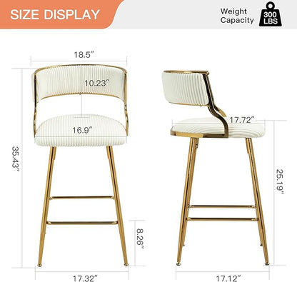 2-Pack Beige Corduroy Counter Height Bar Stools with Back, Golden Chrome Base and Footrest, Modern Kitchen Island Stools Set of 2, Upholstered Dining Stools for Home, Office, Cafe