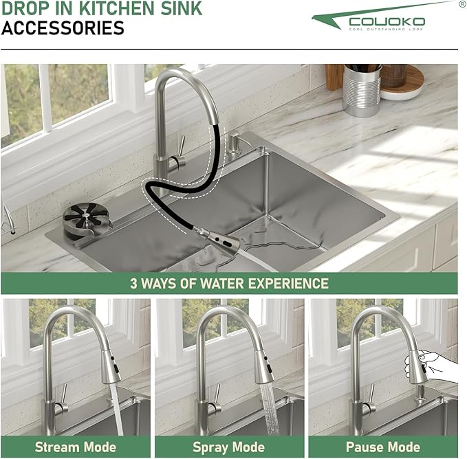 28x22 Drop In Kitchen Sink with Faucet Combo Workstation 16 Gauge Stainlee Steel Single Bowl Kitchen Sinks Large Deep Round Corner Handmade Overmount Topmount Sink Basin