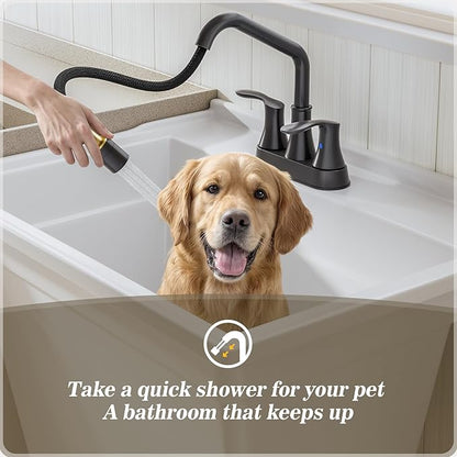 Phiestina Black Utility Sink Faucet 3 Hole, Laundry Sink Faucet with Pull Out Sprayer, Long Spout Dual Handle Modern Bathroom Faucet, 4 Inch CenterSet Laundry & Utility Room Sink Faucets, LF36CL-2M-MB