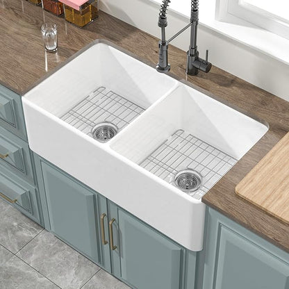 Double Bowl Farmhouse Sink White 33 x 18 Inch, Firecaly Apron Front Undermount Farm Sink Reversible(Sleek & Fluted Optional), Heavy-duty Dual Basin 50/50, for Kitchen