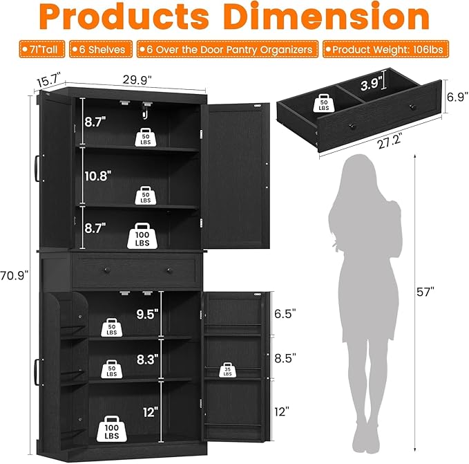 kepptory 72" Tall Kitchen Pantry Cabinet, Black Pantry Storage Cabinet with Adjustable Shelves, Barn Doors and Drawer, Farmhouse Cupboard for Kitchen, Dining Room, Bathroom (16" D x 30" W x 72" H)