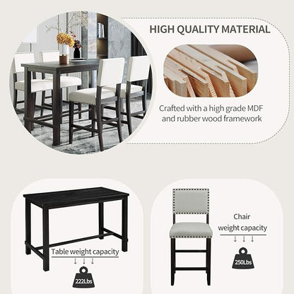 Merax 5 Piece Dining Table Set for 4,Counter Height Kitchen Table Set with One Rectangle Table and 4 Cushioned Chairs for 4 Persons Dining Room Table Set for Small Place