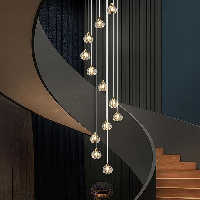 Weesalife Crystal Chandeliers for Staircases, 12-Light Gold Modern Chandeliers for High Ceilings，Crystal Pendant Light Fixture for Living Room Kitchen Island Foyer Hallway Bar