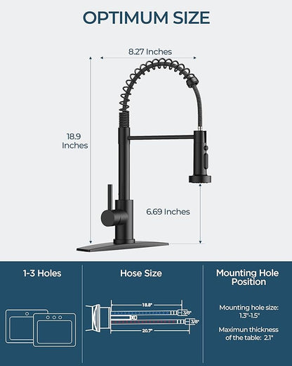 FORIOUS Black Kitchen Faucet with Pull Down Sprayer, Stainless Steel Single Handle Classic Spring Commercial Sink Faucet for Laundry & Utility Room RV Camper Bar Farmhouse