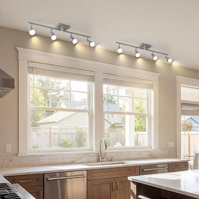 SEEBLEN 4-Light Nickel Track Lighting Kit, Adjustable GU10 Ceiling Spotlight Fixture with Rotatable Heads, Modern Flush Mount for Kitchen Island, Hallway, Living Room (Bulbs Not Included)