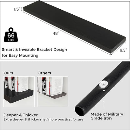 Venusmiles Floating Shelves for Wall, Engineered Wood Wall Shelves with Invisible Brackets for Living Room Bedroom Bathroom Office Kitchen Decor and Storage (Black, 48" W x 9" D x 1.5" H) Set of 2