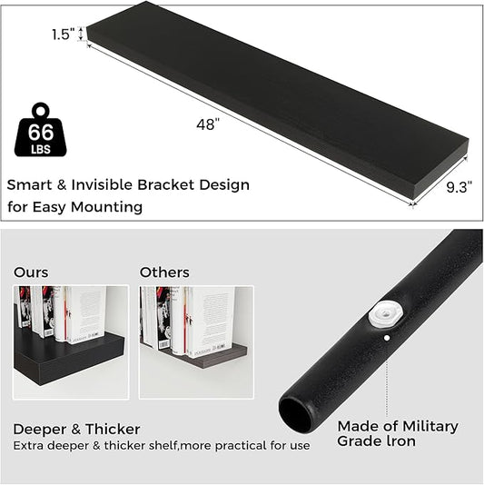 Venusmiles Floating Shelves for Wall, Engineered Wood Wall Shelves with Invisible Brackets for Living Room Bedroom Bathroom Office Kitchen Decor and Storage (Black, 48" W x 9" D x 1.5" H) Set of 2