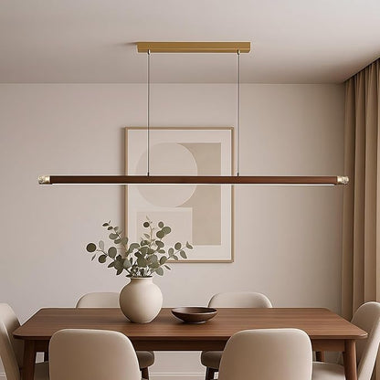 47" Wood Linear Pendant Light, Modern Wabi-Sabi Chandelier with Handcrafted Walnut & Brass, 3 Color Temperatures (3000K-6000K), Hanging Light Fixture for Dining Room, Kitchen, Bedroom