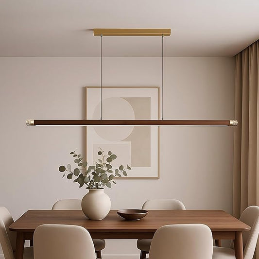 47" Wood Linear Pendant Light, Modern Wabi-Sabi Chandelier with Handcrafted Walnut & Brass, 3 Color Temperatures (3000K-6000K), Hanging Light Fixture for Dining Room, Kitchen, Bedroom