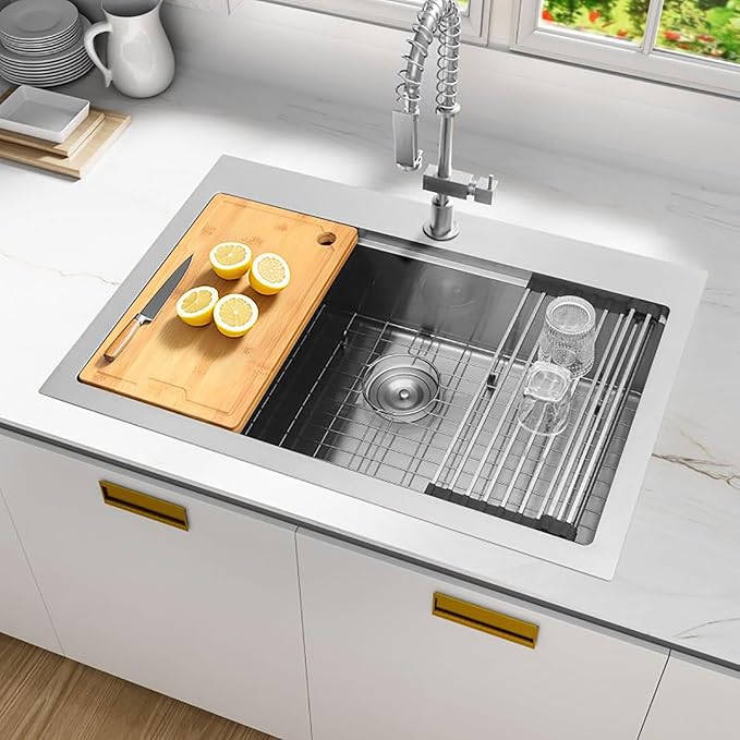 Drop In Kitchen Sink 33" x 22",16 Gauge T-304S Stainless Steel Workstation Sinks with Accessories, 33" x 22" x 10" Large and Deep Top Mount Single Bowl Kitchens Sink for Home,Outdoor