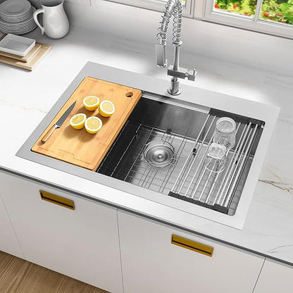 Drop In Kitchen Sink 33" x 22",16 Gauge T-304S Stainless Steel Workstation Sinks with Accessories, 33" x 22" x 10" Large and Deep Top Mount Single Bowl Kitchens Sink for Home,Outdoor