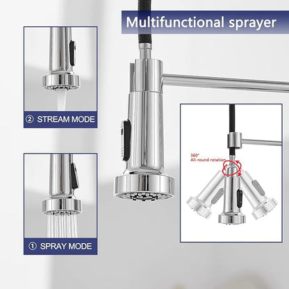 VOTON Chrome Kitchen Faucets with Pull Out Sprayer Commercial Spring Sink Faucet Stainless Steel Pull Down Single Handle Farmhouse faucets with Deck Plate for Camper Laundry Utility Rv Wet Bar