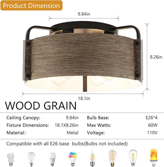 Flush Mount Ceiling Light, 4-Light Farmhouse Ceiling Light Fixture Metal Wood Grain Finish Close to Ceiling Lights for Living Room Kitchen Island Dining Room, E26 Base(Not Included Blub)