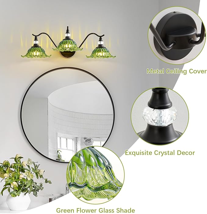 Vintage Bathroom Vanity Light Fixtures - 3 Light Antique Matte Black Bathroom Lights Fixture Over Mirror with Green Flower Glass,Retro High End Wall Mounted Vanity Lighting for Bath Powder Room