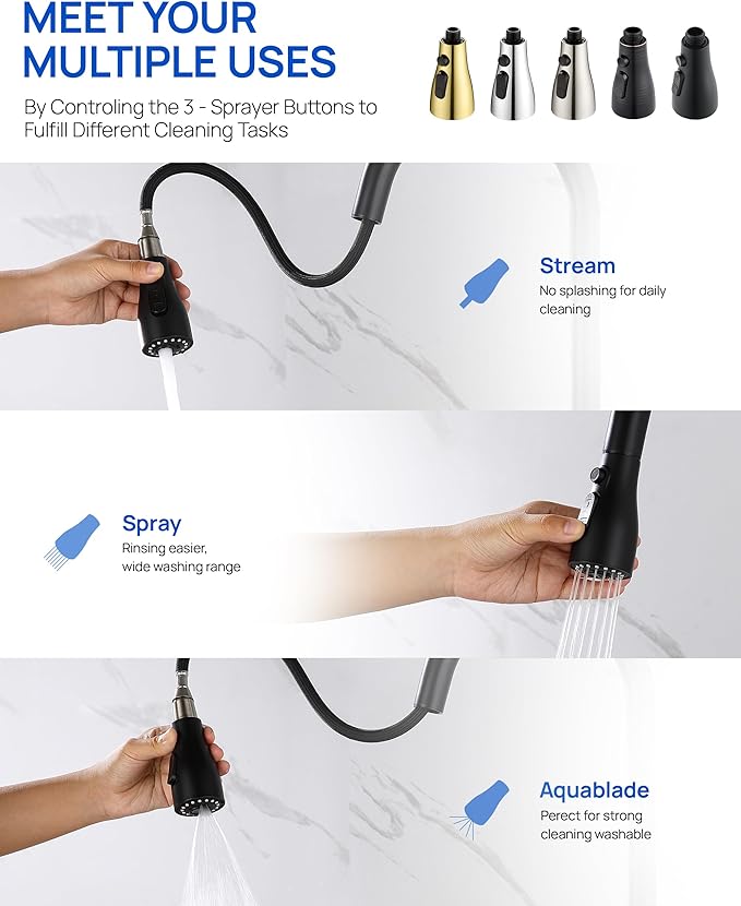 Pull Down Kitchen Faucet Sprayer Head Replacement Part with 15 Connectors, 3 Function Pull Out Sink Sprayer Replacement Nozzle, Kitchen Faucet Head Hose Spray Tap Spout, Matte Black