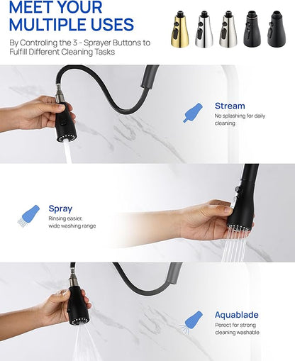 Pull Down Kitchen Faucet Sprayer Head Replacement Part with 15 Connectors, 3 Function Pull Out Sink Sprayer Replacement Nozzle, Kitchen Faucet Head Hose Spray Tap Spout, Matte Black
