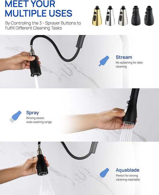Pull Down Kitchen Faucet Sprayer Head Replacement Part with 15 Connectors, 3 Function Pull Out Sink Sprayer Replacement Nozzle, Kitchen Faucet Head Hose Spray Tap Spout, Matte Black