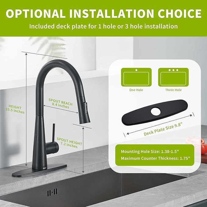 Tohlar Black Touchless Kitchen Faucet with Pull Down Sprayer, Stainless Steel Sensor Kitchen Faucet for Sink 3 Hole, Modern Single Handle Kitchen Sink Faucets with Deck Plate, Matte Black