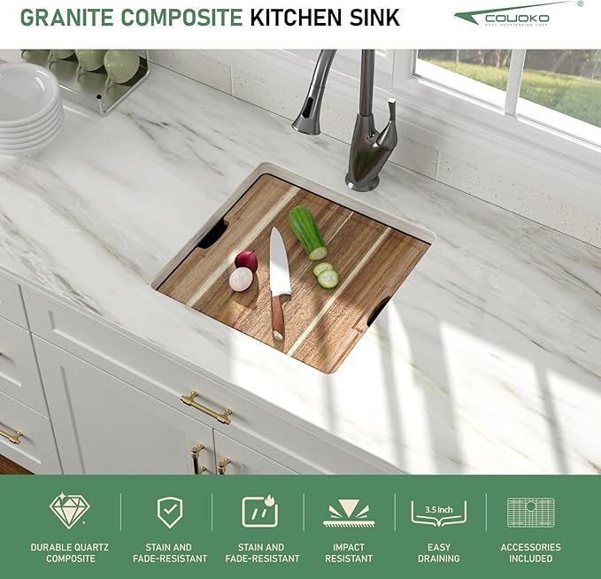 18 Inch Undermount Bar Sink 18x18 Undermount Bar Sink Mini Wet Bar White Quartz Granite Composite Small Kitchen RV Sinks Single Bowl Outdoor Island Basin with Cutting Board
