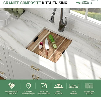 18 Inch Undermount Bar Sink 18x18 Undermount Bar Sink Mini Wet Bar White Quartz Granite Composite Small Kitchen RV Sinks Single Bowl Outdoor Island Basin with Cutting Board
