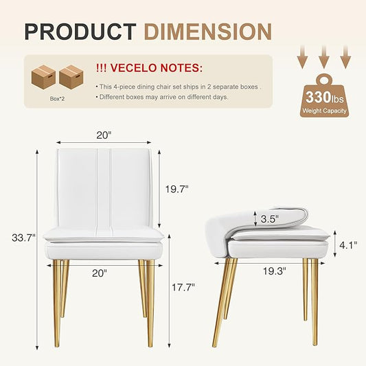 VECELO Upholstered PU Dining Chairs Set of 4, Kitchen Chairs with Padded Seat for Living Room, Dining Room, High Back and Steel Legs, Easy Assembly, White