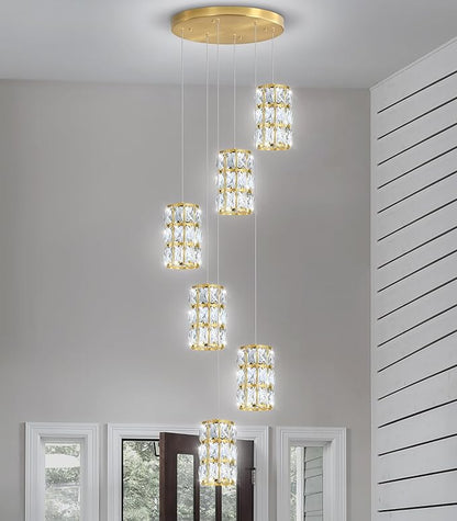 6-Lights Modern Crystal Pendant Lights for Kitchen Island LED Dimmable Glam Pendant Lighting Chandelier for Dining Room Hallway Corner Lamp Gold
